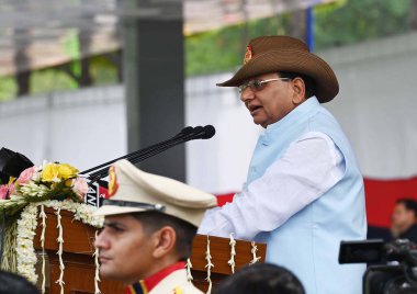 NEW DELHI INDIA JULY 1 2023 Vinai Kumar Saxena Lieutenant Governor of Delhi addresses during the Commissionerate Day Parade of Delhi Police at Parade Ground New Police Lines Kingsway Camp on June 29 2023 in New Delhi India Photo by Vipin Kumar Hindus clipart