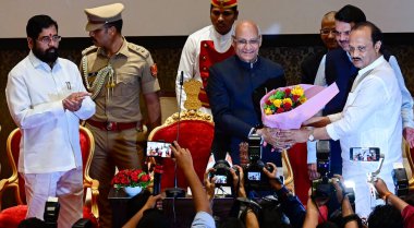 MUMBAI INDIA 2 Temmuz 2023 NCP Lideri Ajit Pawar, 2 Temmuz 2023 tarihinde Mumbai 'de Raj Bhavan' da BJP Shiv Sena hükümetinde başbakan yardımcısı olarak yemin etti.