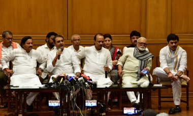 MUMBAI INDIA JULY 3 2023 Newly sworn in Maharashtra deputy chief minister Ajit Pawar with Chhagan Bhujbal Praful Patel Sunil Tatkare and others during a press conference at Sahyadri Guest House on July 3 2023 in Mumbai India Photo by Bhushan Koyande  clipart