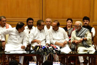 MUMBAI INDIA JULY 3 2023 Newly sworn in Maharashtra deputy chief minister Ajit Pawar with Chhagan Bhujbal Praful Patel Sunil Tatkare and others during a press conference at Sahyadri Guest House on July 3 2023 in Mumbai India Photo by Bhushan Koyande  clipart