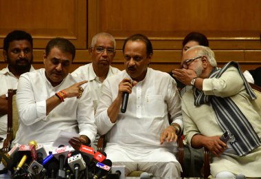 MUMBAI INDIA JULY 3 2023 Newly sworn in Maharashtra deputy chief minister Ajit Pawar with Chhagan Bhujbal Praful Patel Sunil Tatkare and others during a press conference at Sahyadri Guest House on July 3 2023 in Mumbai India Photo by Bhushan Koyande  clipart