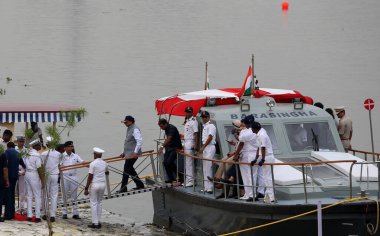 NEW DELHI INDIA JULY 4 2023 Delhi LG Vinay Saxena along with NGT chairman inspect the recently ascertained navigable channel in Yamuna River at ITO on July 4 2023 on New Delhi India Photo by Salman Ali Hindustan Times  clipart