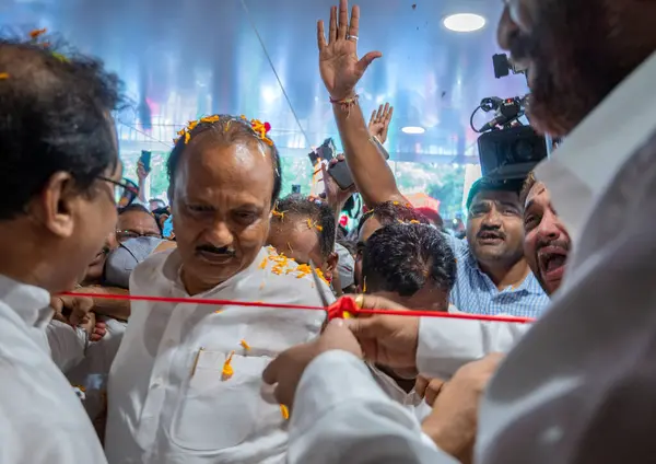 stock image MUMBAI INDIA JULY 4 2023 After joining the BJP Shiv Sena government in Maharashtra state Deputy Chief Minister Ajit Pawar will shortly inaugurate a new Nationalist Congress Party NCP party office near Mantralaya on July 4 2023 in Mumbai India Photo b