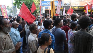 KOLKATA INDIA JULY 8 2023 CPIM Party members staged protest against violence and murder of people during Bengal Panchayat Election 2023 outside State Election Commission office on July 8 2023 in Kolkata India West Bengal amid widespread violence and  clipart