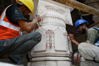 LUCKNOW INDIA JULY 9 2023 A view of the under construction of Ram Mandir at Ayodhya on July 9 2023 in Lucknow India Shri Ram Janmbhoomi Teerth Kshetra has organized a media tour to show the progress of Ram Temple Construction The first phase of the c clipart