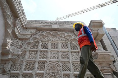 9 Temmuz 2023 'te Lucknow India Shri Ram Janmbhoomi Teerth Kshetra' da Ram Mandir 'in 9 Temmuz 2023' te Ayodhya 'da yapım aşamasındaki görüntüsü Ram Tapınağı' nın ilerlemesini göstermek için bir medya turu düzenledi.