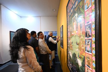 NEW DELHI INDIA SEPTEMBER 16 SEPTEMBER Hindistan 'ın Kuzey Doğu Bölgesi Turizm Kültür ve Kalkınma Bakanı Gajendra Singh Shekhawat ve diğerleri ziyaret etti ve Başbakana sunulan hatıra sergisi açılışında