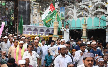 New Delhi India Sept 16 ,2024: Muslims participate in processions to mark the birth anniversary of Prophet Muhammad at Bara hindo Rao area Sadar bazar on September 16, 2024 in New Delhi, India  clipart