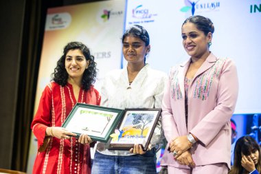 NEW DELHI INDIA SEPTEMBER 11 2024 Jyothi Surekha Archery C and Payal Kanodia Chairperson of YFLO Delhi Chapter 2024 25 R during a grand meet up of 7 Sporting Stars hosted by YFLO Delhi in collaboration with M3M Foundation at the IILM Auditorium on Se clipart