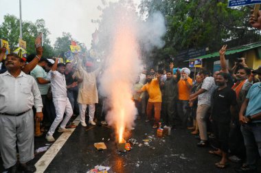 NEW DELHI INDIA SEPTEMBER 13 2024 AAP workers celebrate Outside Tihar Jail after the Supreme Court granted bail to Chief Minister Arvind Kejriwal on September 13 2024 in New Delhi India Delhi Chief Minister Arvind Kejriwal on Friday walked out of Tih clipart