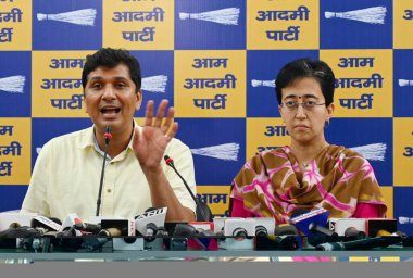 NEW DELHI INDIA SEPTEMBER 13 2024 AAP party senior leaders Saurabh Bhardwaj with Atishi addressing media personnel at party office regarding Supreme Court decision on September 13 2024 in New Delhi India Delhi Chief Minister Arvind Kejriwal on Friday clipart