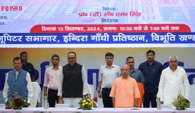 LUCKNOW INDIA SEPTEMBER 13 2024 Uttar Pradesh Chief Minister Yogi Adityanath with Deputy CM Brajesh Pathak and others during the 4th Foundation Day ceremony of Dr Ram Manohar Lohia Institute of Medical Sciences at Indira Gandhi Pratishthan on Septemb clipart