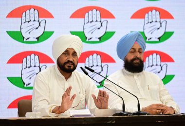 NEW DELHI INDIA SEPTEMBER 13 2024 Congress Lok Sabha MP and former Punjab Chief Minister Charanjit Singh Channi with Partap Singh Bajwa CLP leader Leader of Opposition in Punjab briefs media regarding Rahul Gandhi Statement in United States at AICC H clipart