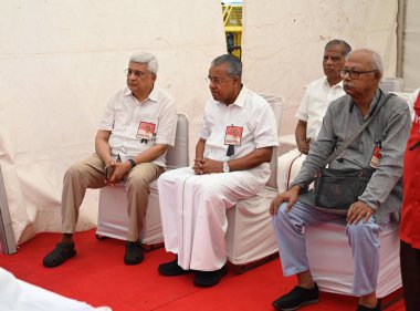 NEW DELHI INDIA SEPTEMBER 14 2024 Senior communists leaders Prakash Karat with Pinarayi Vijayan Chief Minister of Kerala and other Comrades paid thair last tribute to Sitaram Yechury at CPI M HQ at Gole Market on September 14 2024 in New Delhi India  clipart