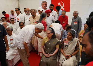 NEW DELHI INDIA SEPTEMBER 14 2024 Congress leader Sonia Gandhi meets family members after paid her last tribute to Sitaram Yechury at CPI M HQ at Gole Market on September 14 2024 in New Delhi India Sitaram Yechury died this afternoon He was 72 and wa clipart