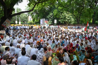 YENİ DELHI INDIA 15 SEPTEMBER 15.2024 Jantar Mantar Mahapanchayat sırasında toplanan insanlar 15 Eylül 2024 tarihinde Yeni Delhi Hindistan Chaudhary Surendra Solanki Sakal Panchayat Palam 360 Khap başkanı