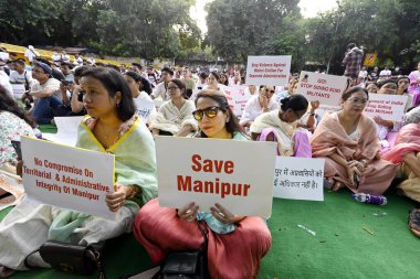 NEW DELHI INDIA SEPTEMBER 15 2024 People take part in a protest orgainsed by Delhi Meitei Coordinating Committee over recent violence in Manipur at Jantar Mantar on September 15 2024 in New Delhi India The groups urged Prime Minister Narendra Modi to clipart