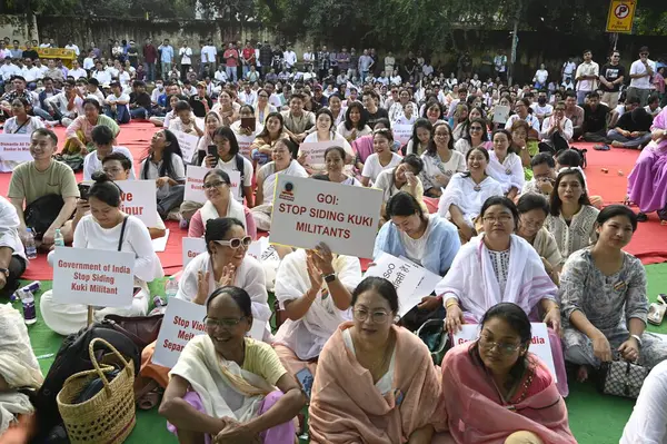 stock image NEW DELHI INDIA SEPTEMBER 15 2024 People take part in a protest orgainsed by Delhi Meitei Coordinating Committee over recent violence in Manipur at Jantar Mantar on September 15 2024 in New Delhi India The groups urged Prime Minister Narendra Modi to