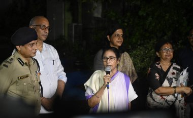 KOLKATA INDIA SEPTEMBER 16 2024 Chief minister of West Bengal Mamata Banerjee in presense of DG Rajeev Kumar Chief Secretary Manoj Pant Home Secretary Nandini Chakraborty and minister Chandrima Bhattacharya interacts with media after the meeting with clipart