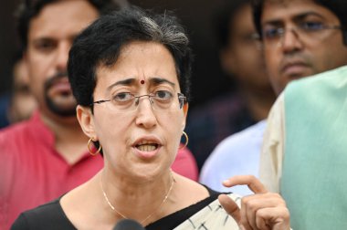 NEW DELHI INDIA SEPTEMBER 17 2024 AAP leader Atishi addresses the media after being proposed for the post of Delhi CM in the legislative meeting of AAP MLA's at Delhi CM Arvind Kejriwal's residence on September 17 2024 in New Delhi India Photo by San clipart