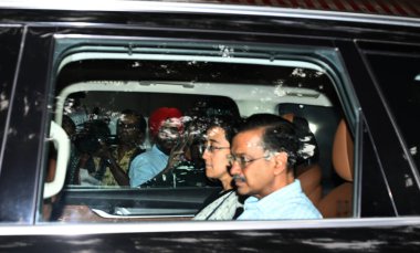 NEW DELHI, INDIA SEPTEMBER 17 ,2024 Delhi Chief Minister Arvind Kejriwal with Delhi CM designate Atishi arrives at the residence of Lt Governor Vinay Kumar Saxena after she was elected the Chief Minister designate by the AAP party and Arvind Kejriwal clipart