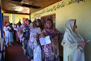 SRINAGARINDIA SEPTEMBER 18 2024 Voters queue to cast their votes at a polling station during the first phase of assembly elections on September 18 2024 in Kulgam South of Srinagar India. Jammu and Kashmir is witnessing first assembly election in ten  clipart