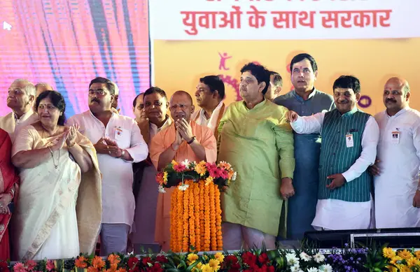 stock image GHAZIABADINDIA SEPTEMBER 18 2024 Ghaziabad Uttar Pradesh Chief Minister Yogi Adityanath addresss the employment fair organized at Ghantaghar Ramlila Maidan on September 18, 2024 in Ghaziabad, India. 