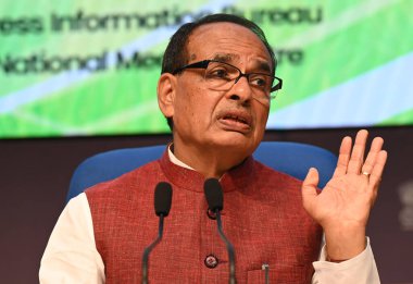 NEW DELHI INDIA SEPTEMBER 19 2024 Union Minister for Agriculture and Farmers Welfare Shivraj Singh Chouhan addresses a press conference on achievements of the first 100 days of the ministry during Prime Minister Narendra Modis third term on September clipart