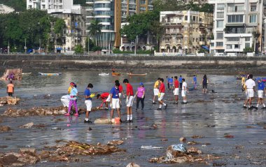 MUMBAI INDIA SEPTEMBER 19 2024 BMC staff and volunteers from different organisations during the Beach clean up drive a day after immersion of the idols of Lord Ganesha during Ganesh Chaturthi at Girgaon Chowpatty on September 19 2024 in Mumbai India. clipart