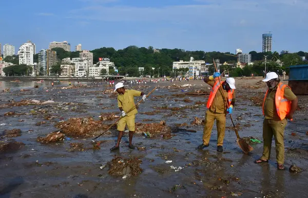 stock image MUMBAI INDIA SEPTEMBER 19 2024 BMC staff and volunteers from different organisations during the Beach clean up drive a day after immersion of the idols of Lord Ganesha during Ganesh Chaturthi at Girgaon Chowpatty on September 19 2024 in Mumbai India.