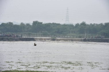 NEW DELHI INDIA 11 Temmuz 2023 Su Yamuna su seviyesi yükseldikten sonra Kuzey Doğu Delhi Usmanpur Köyü 'ne girer 11 Temmuz 2023 tarihinde Yeni Delhi Hindistan Meteoroloji Bölümü IMD Salı günü Delhi' de Yamuna Nehri olarak turuncu alarm verdi.