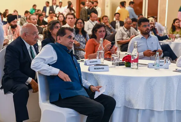 stock image NEW DELHI INDIA JULY 11 2023 IndiaS G20 Sherpa Amitabh Kant along with audience listens to Hardeep Singh Puri during the Keynote Address on Acclerating Progess On SDGS And Global Biofuel in HT G20 Agenda at Shangri La Eros at Janpath on July 11 2023 