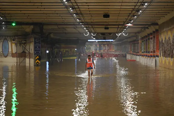 stock image NEW DELHI INDIA JULY 11 2023 A view of the water logged inside Pragati Maidan Tunnel after Rains which has been closed for vehicular movement on July 11 2023 in New Delhi India Several parts of northwest India witnessed a heavy spell of rain breaking