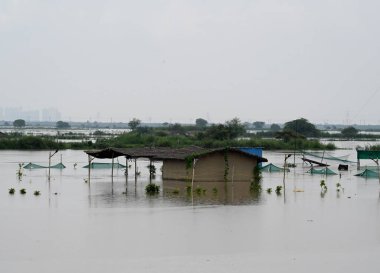 Yamuna 'nın su seviyesi Yamuna Nehirleri' nin su seviyesinden sonra Yamuna Nehri seviyesinin 168. Bölgesine giren NOIDA INDIA 12 Temmuz 2023 Suyu, Merkez Su Komisyonu 'na göre son birkaç gündür sürekli yağış nedeniyle tehlike işaretini aştı.