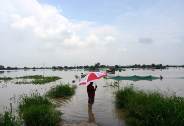 Yamuna 'nın su seviyesi Yamuna Nehirleri' nin su seviyesinden sonra Yamuna Nehri seviyesinin 168. Bölgesine giren NOIDA INDIA 12 Temmuz 2023 Suyu, Merkez Su Komisyonu 'na göre son birkaç gündür sürekli yağış nedeniyle tehlike işaretini aştı.