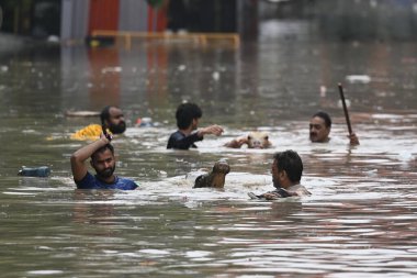 NEW DELHI INDIA 13 Temmuz 2023 Yamuna Çarşısı 'nda Muson yağmurlarının ardından 13 Temmuz 2023' te Yeni Delhi Hindistan 'da Sanchit Khanna Hindustan Times' ın çektiği fotoğrafta Yamuna Nehri seviyesindeki yükselişin ardından insanların hayvanları kurtardığı görüldü.