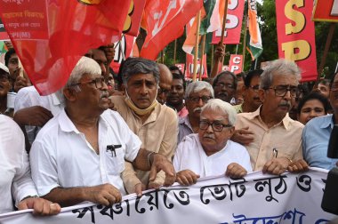 KOLKATA INDIA JULY 13 2023 Left Front leader Biman Bose Mwith Congress Party ISF with other allied parties take part in a central protest rally against violence and murder of people during Bengal Panchayet Election 2023 and criticize State Government clipart