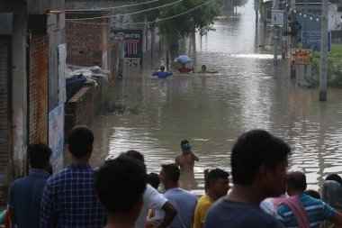 NEW DELHI INDIA 15 Temmuz 2023 Badarpur 'un Jaitpur uzantısında, Yamuna sel yatağı yakınlarındaki sel suları, Yeni Delhi' de 15 Temmuz 2023 tarihinde Delhi yoluna girdi.