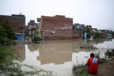 NEW DELHI INDIA 15 Temmuz 2023 Badarpur 'un Jaitpur uzantısında, Yamuna sel yatağı yakınlarındaki sel suları, Yeni Delhi' de 15 Temmuz 2023 tarihinde Delhi yoluna girdi.