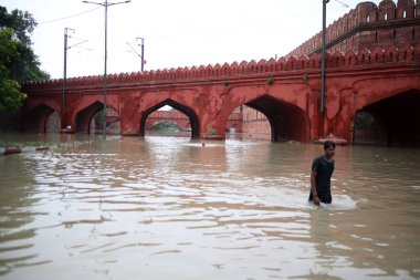 NEW DELHI INDIA 15 HAZİRAN 2023 Sel, 15 Temmuz 2023 tarihinde Yeni Delhi Hindistan 'da Red Fort Ring Roadon' un arkasında sular altında kaldı.