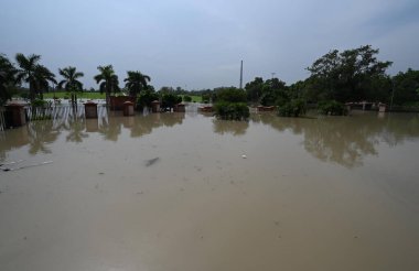 NEW DELHI INDIA 15 Temmuz 2023 Yamuna nehri Yeni Delhi Hindistan 'da 15 Temmuz 2023' te Tehlike seviyelerinin üzerine çıktıktan sonra sel basmış Rajghat manzarası morgda tüm zamanların en yüksek seviyesini geçtikten sonra nehrin su seviyesi Çarşamba gününden beri yükseliyor.