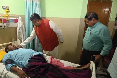 PATNA INDIA 15 Temmuz 2023 BJP Milletvekili Ravkar Prasad, 15 Temmuz 2023 'te Patna Hindistan' da yaralanan BJP işçileriyle buluştu. Fotoğraf Santosh Kumar Hindustan Times