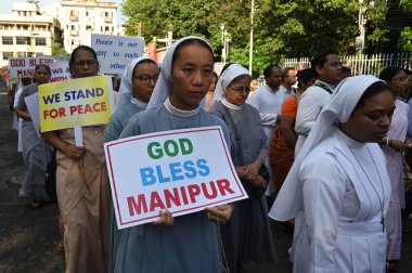 KOLKATA INDIA 16 Temmuz 2023 Katolik Birliği üyeleri Manipur 'da Manipur' da 16 Temmuz 2023 'te Kolkata Hindistan Fotoğrafı: Samir Jana Hindustan Times