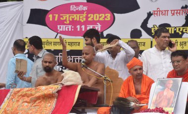 NEW DELHI INDIA JULY 17 2023 Rashtra Sant Parampara Acharya Pragya Sagar ji Muniraj and all devotees sit on one day silent protest against the brutal murder of a Jain monk in Karnataka at Jantar Mantar on July 17 2023 New Delhi India Photo by Sonu me clipart