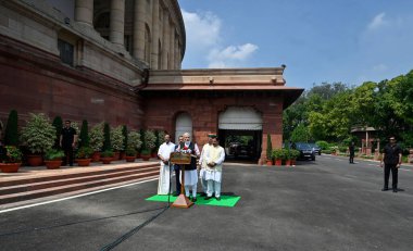 NEW DELHI INDIA JULY 20 2023 Prime Minister Narendra Modi address the media on the first day of the Monsoon session of Parliament on July 20 2023 in New Delhi India Union Ministers Jitendra Singh Pralhad Joshi V Muraleedharan Arjun Ram Meghwal also p clipart