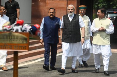 NEW DELHI INDIA JULY 20 2023 Prime Minister Narendra Modi arrive with his Union Cabinet Ministers Jitendra Singh Pralhad Joshi V Muraleedharan Arjun Ram Meghwal upon arrival on the opening day of the monsoon session of the Indian parliament on July 2 clipart