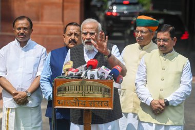 NEW DELHI INDIA JULY 20 2023 Prime Minister Narendra Modi address the media on the first day of the Monsoon session of Parliament on July 20 2023 in New Delhi India Union Ministers Jitendra Singh Pralhad Joshi V Muraleedharan Arjun Ram Meghwal also p clipart