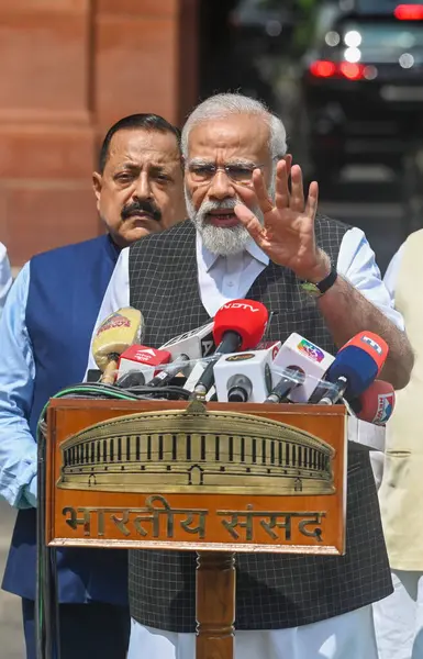 stock image NEW DELHI INDIA JULY 20 2023 Prime Minister Narendra Modi address the media on the first day of the Monsoon session of Parliament on July 20 2023 in New Delhi India Union Ministers Jitendra Singh Pralhad Joshi V Muraleedharan Arjun Ram Meghwal also p