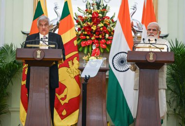 NEW DELHI INDIA JULY 21 2023 President of Sri Lanka Ranil Wickremesinghe speaks during a joint press statement with Prime Minister Narendra Modi after a meeting at Hyderabad House on July 21 2023 in New Delhi India The Sri Lankan President is on a tw clipart