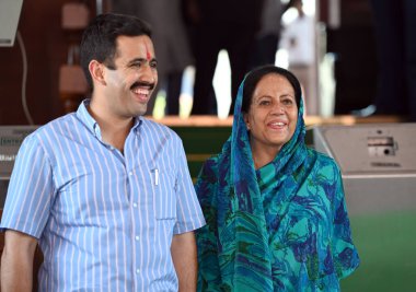 NEW DELHI INDIA JULY 21 2023 Congress MP and former chief minister of Himachal Pradesh Late Virbhadra Singh`s wife Pratibha Singh along with son Vikramaditya Singh during the Parliament monsoon session on July 21 2023 in New Delhi India Parliament pr clipart